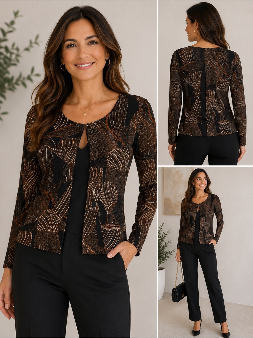 Notations Black Cardigan with Metallic Bronze Geometric Print shirt underneath M